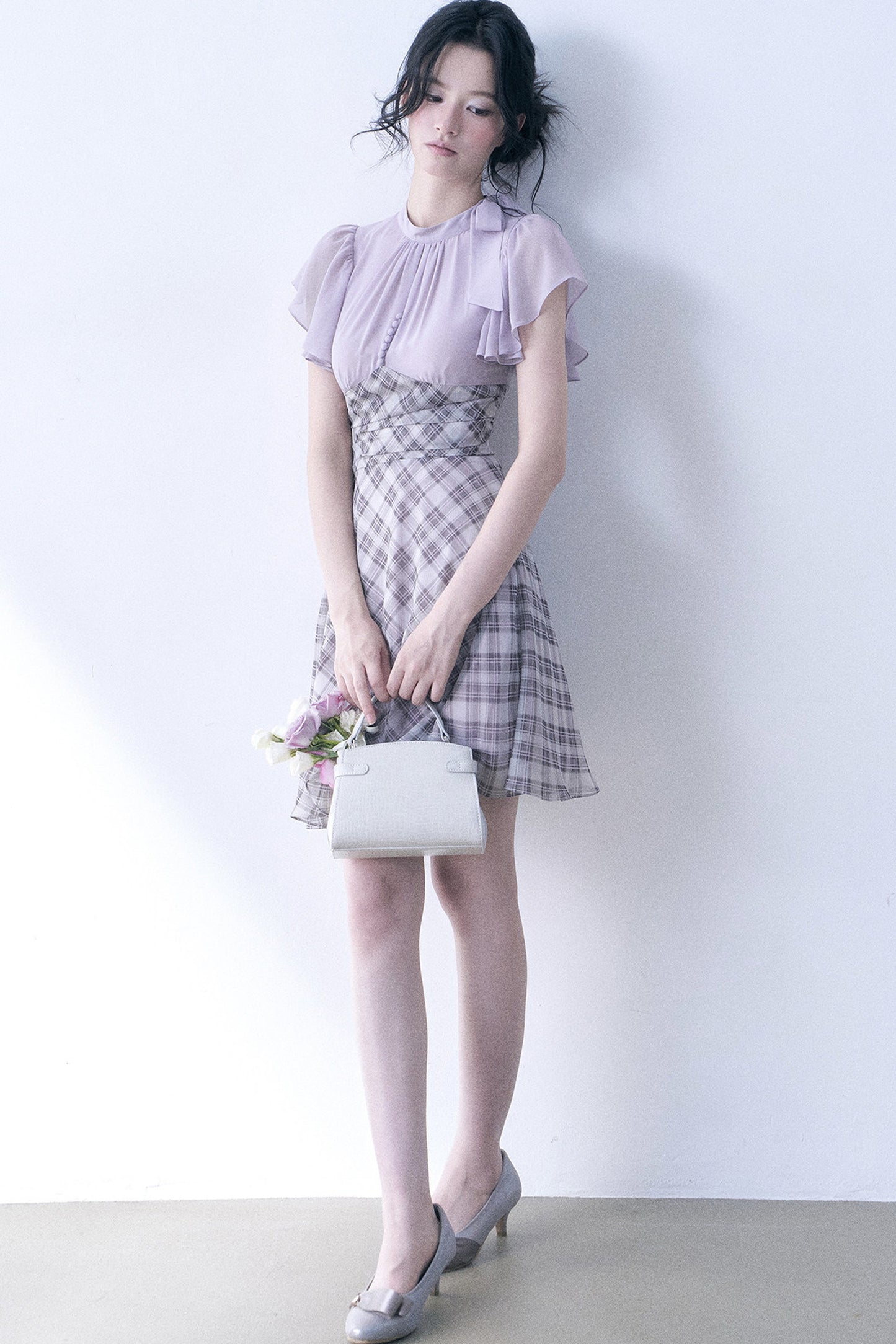 Lavender Plaid Flutter Sleeve Dress