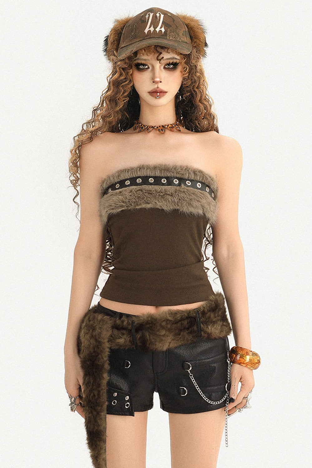 Fur Belt Ultra-Short Leather Shorts