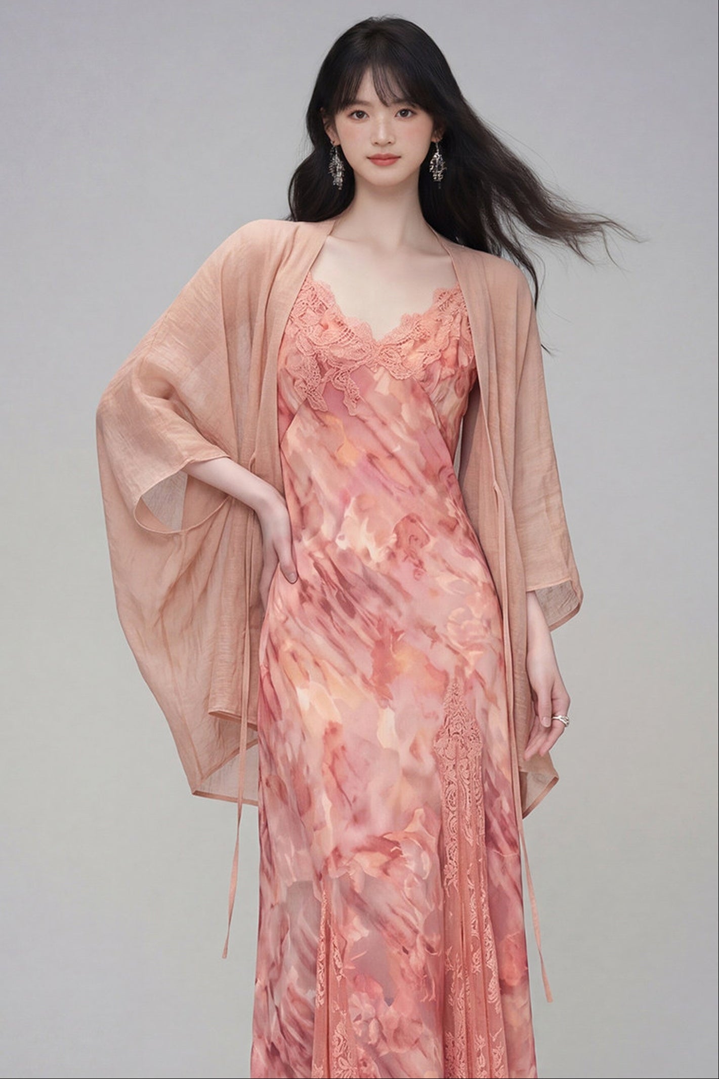 Floral Lace Spaghetti Strap Dress and Cardigan Set-Up
