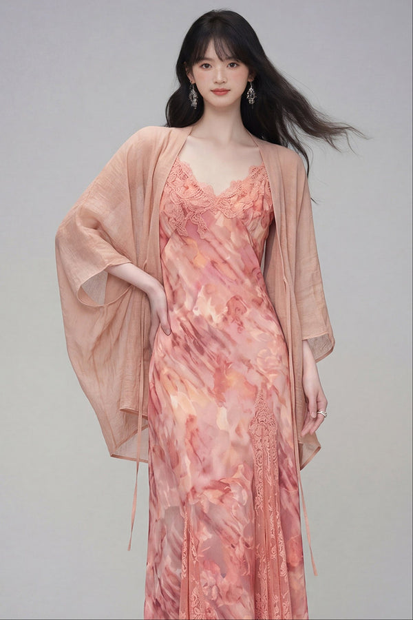 Floral Lace Spaghetti Strap Dress and Cardigan Set-Up