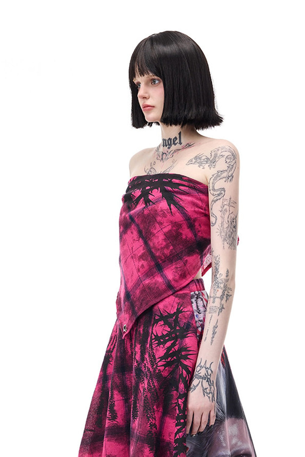 Top a fascia stile foulard quadrato con stampa di spine rosa