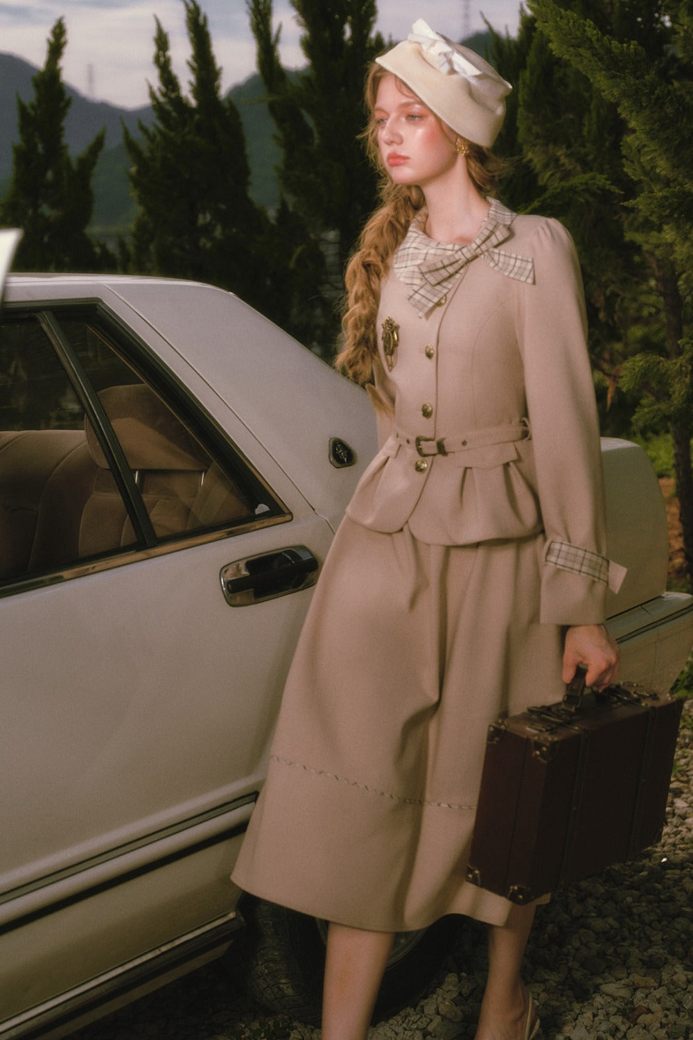 Khaki Trench Coat and Skirt Set-Up