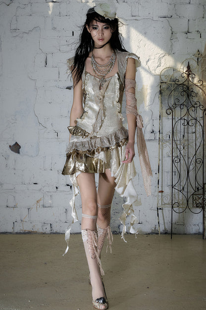 Baroque Gold Satin Ruffle Dress