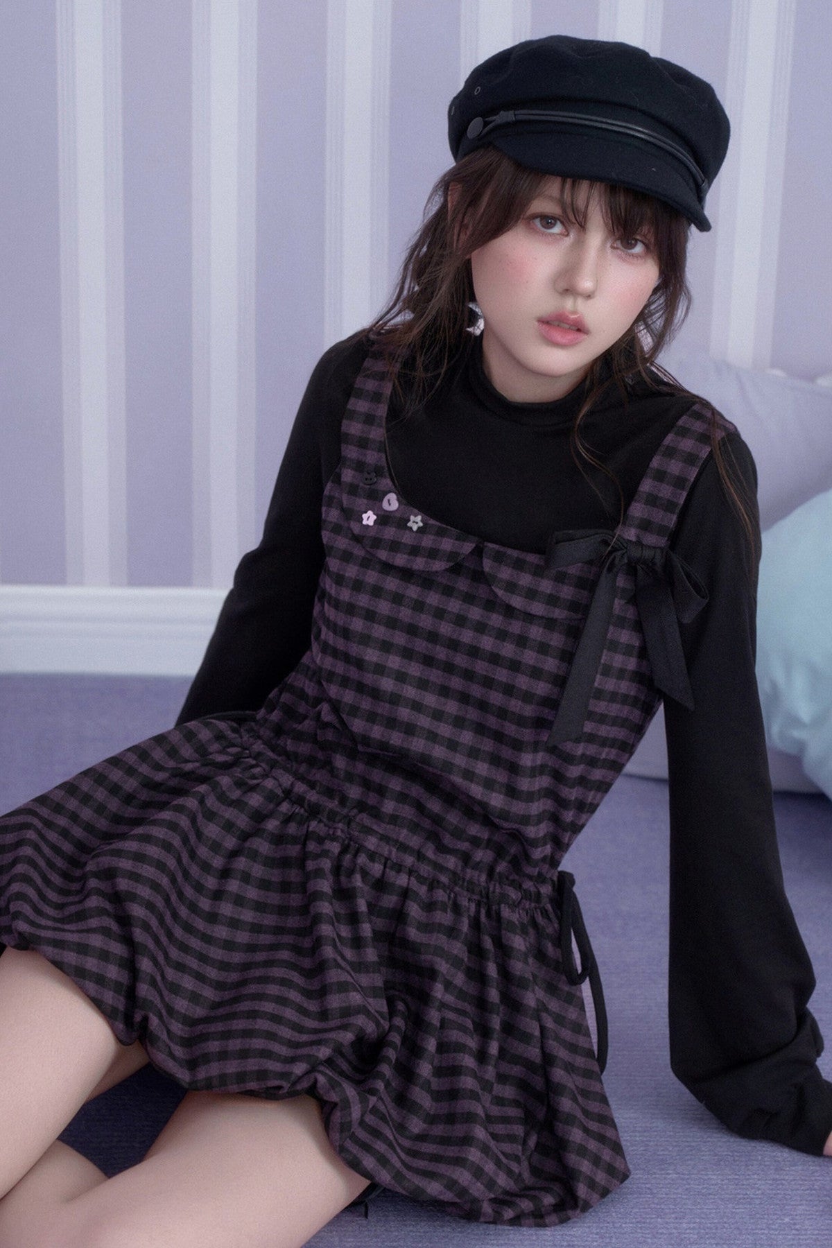 Retro Plaid Long Sleeve Flower Bud Dress
