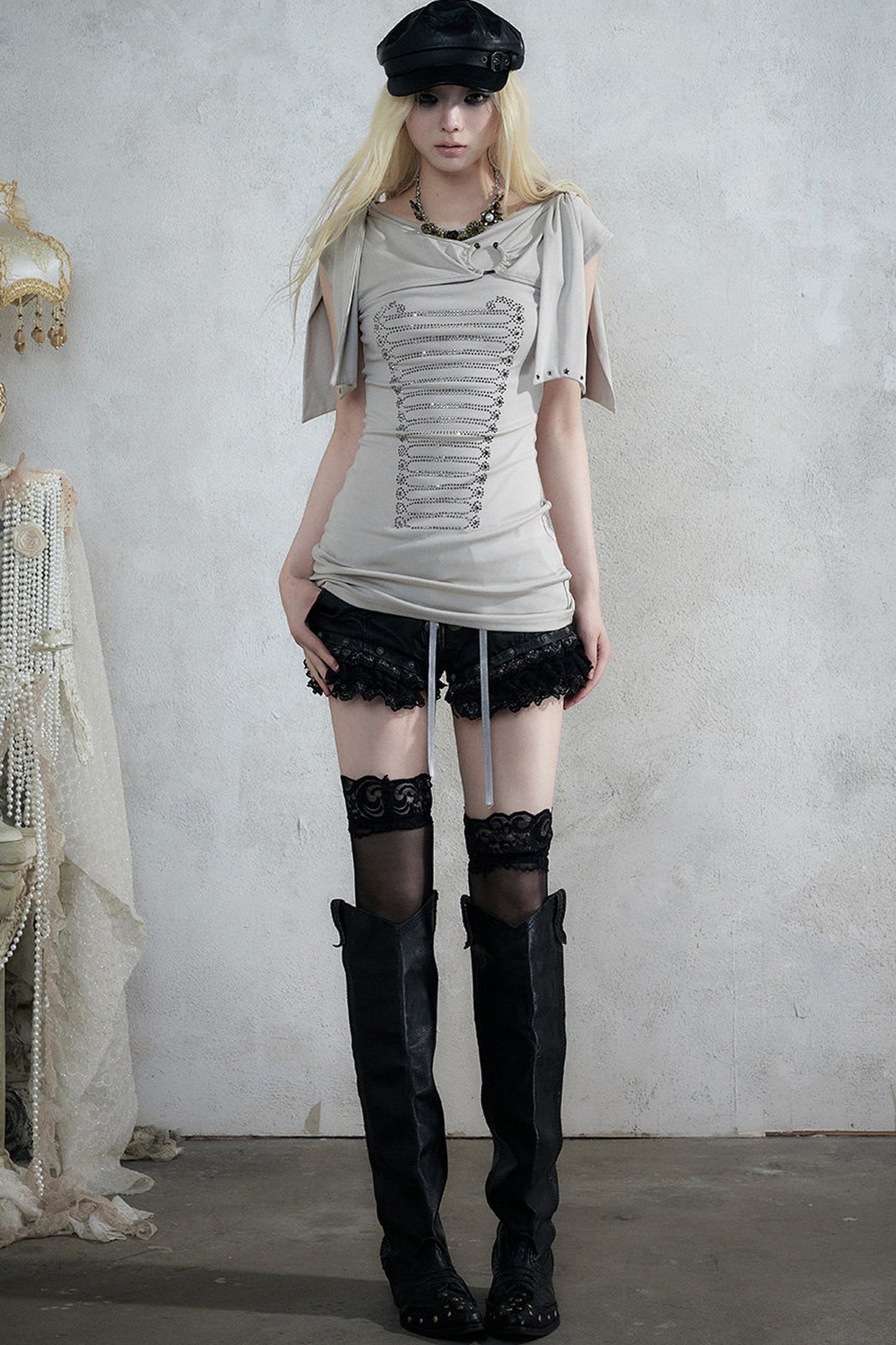 Rhinestone Corset Short-Sleeve Knit Dress