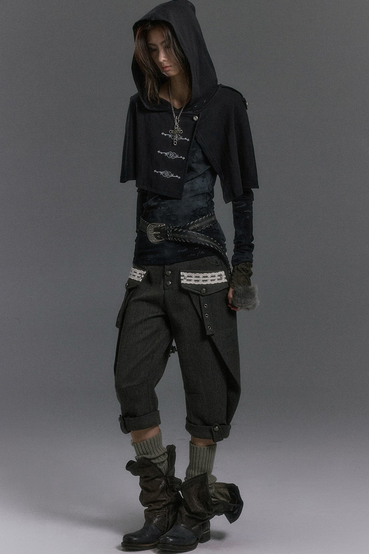 Silver Letter Print Hooded Knit Top