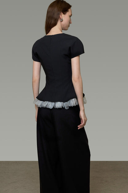 Color-Blocked U-Neck Waist-Cinching Blouse