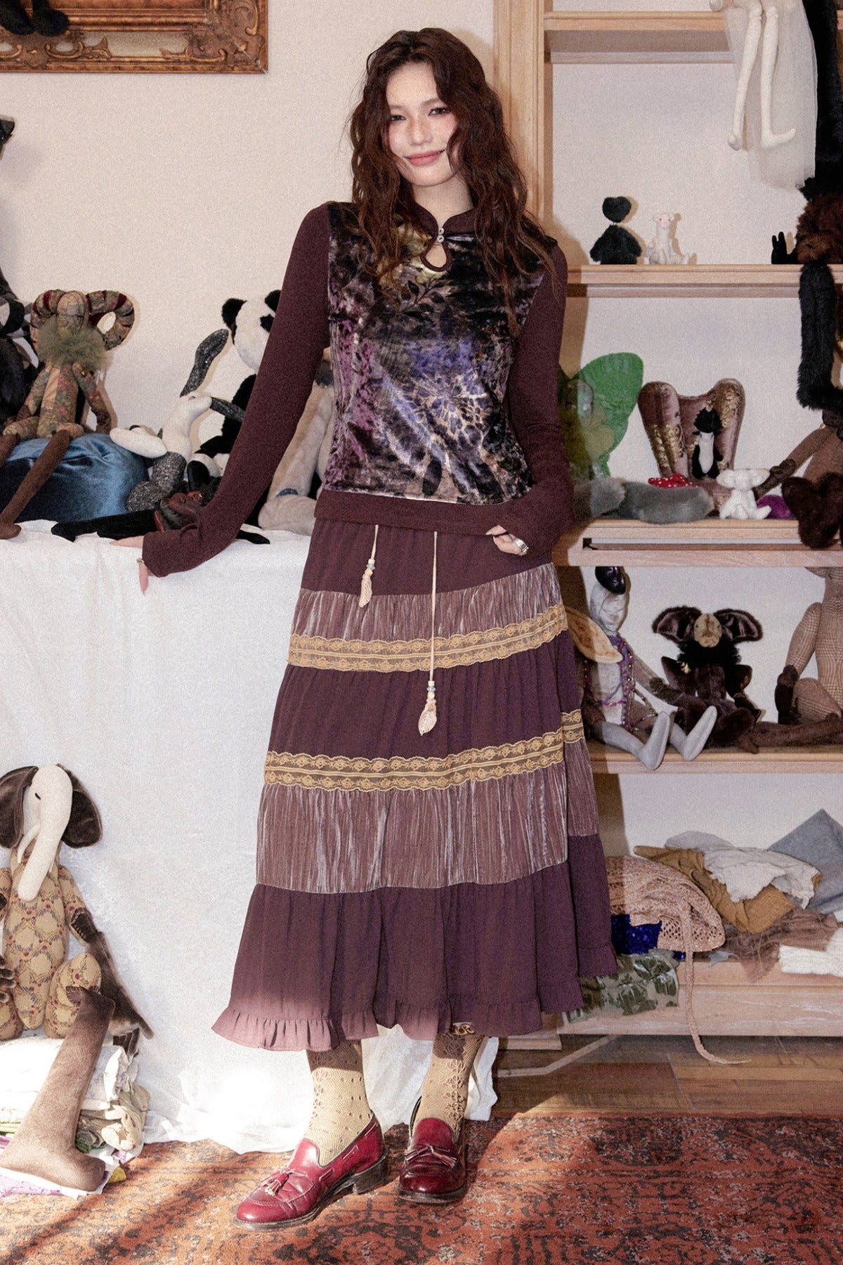 Mandarin Collar Velvet Long-Sleeve T-Shirt