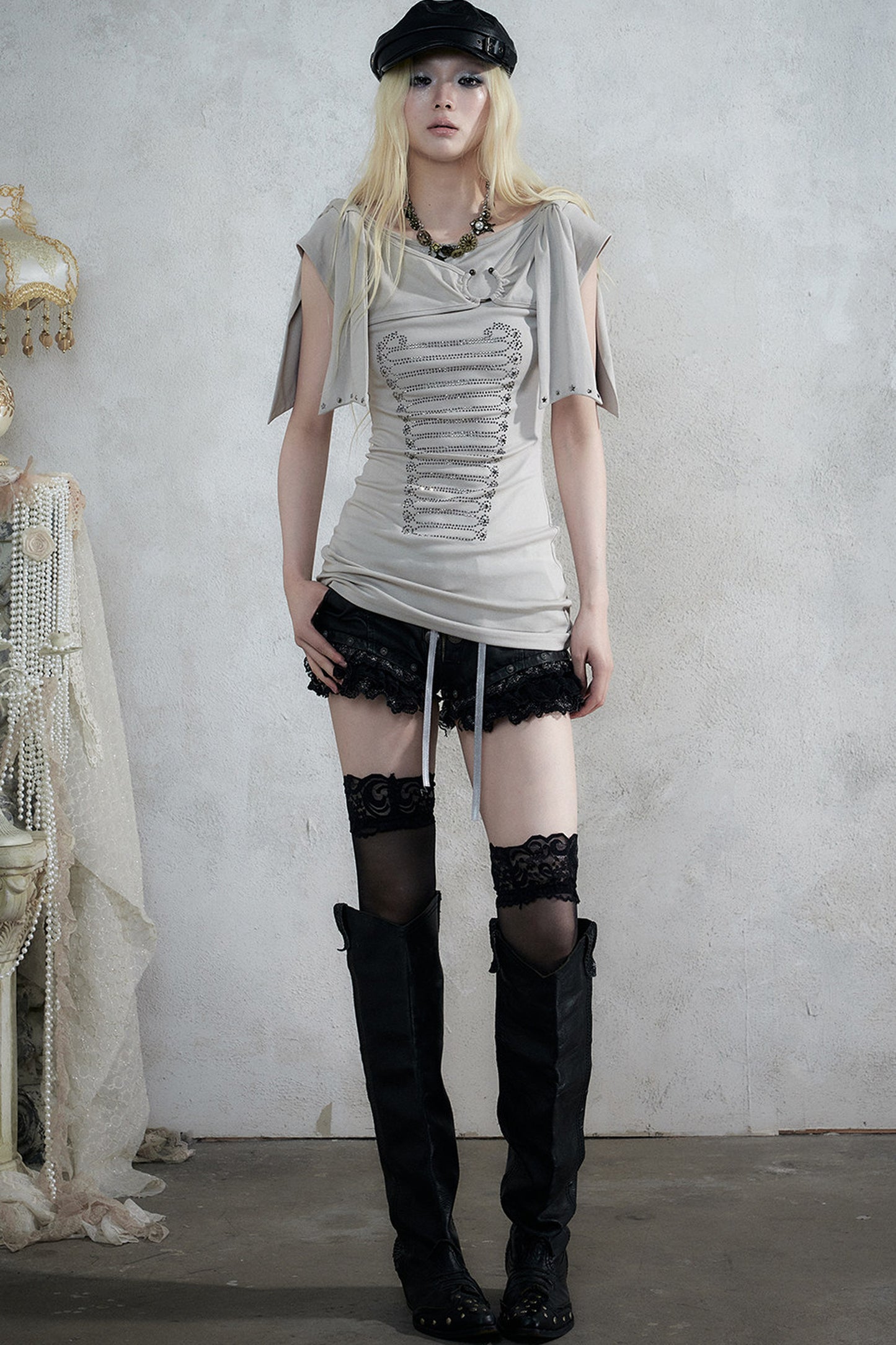 Rhinestone Corset Short-Sleeve Knit Dress