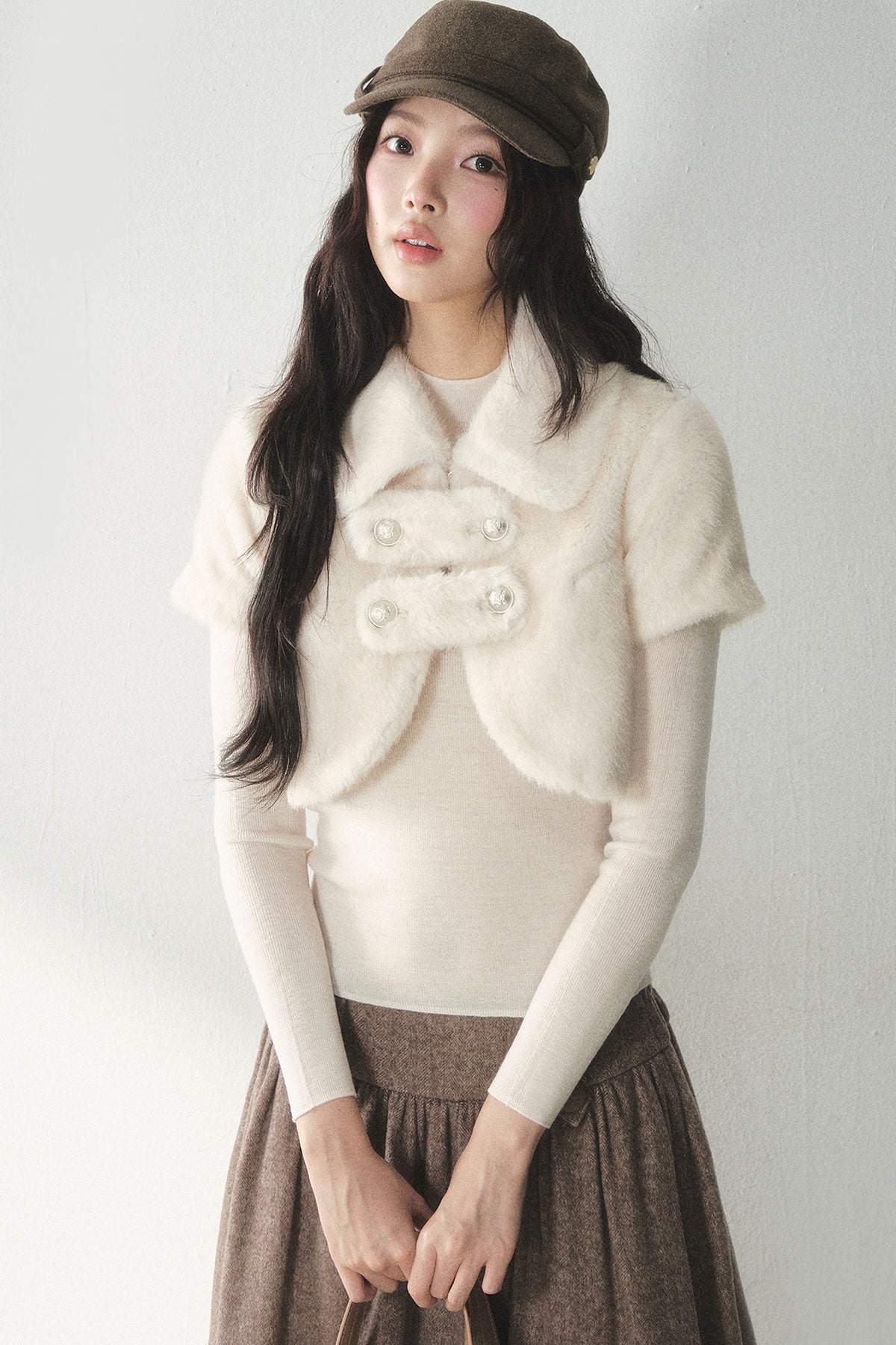 Short-Sleeved Double-Breasted Faux Fur Jacket