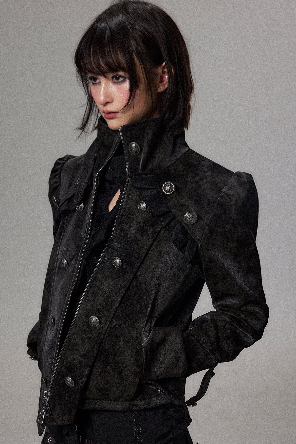 Double-Breasted Puff Sleeve Suede Jacket