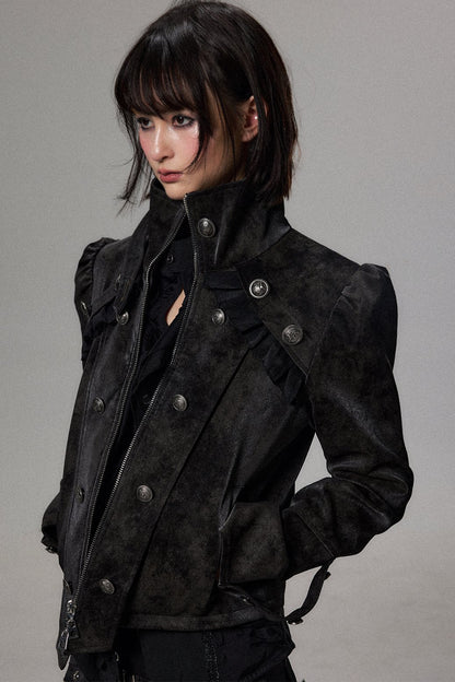 Double-Breasted Puff Sleeve Suede Jacket