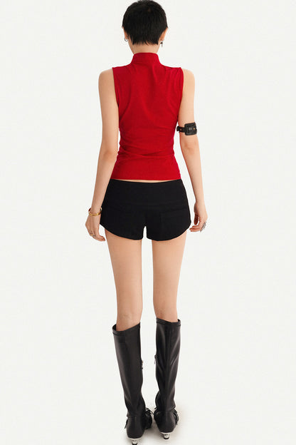 Red Bamboo Print Sleeveless Stand Collar Top