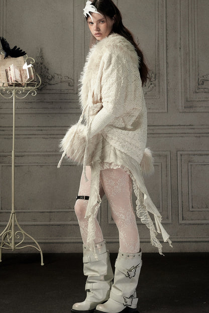 Beige Fur Collar Batwing Knit Jacket