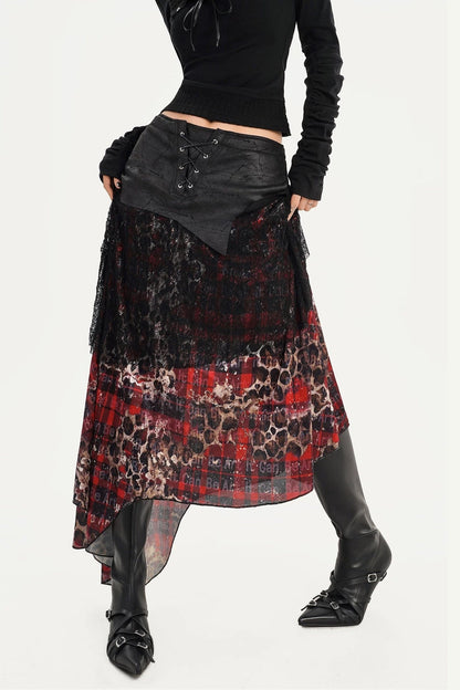 Dark Red Plaid Mesh Skirt and Top Set