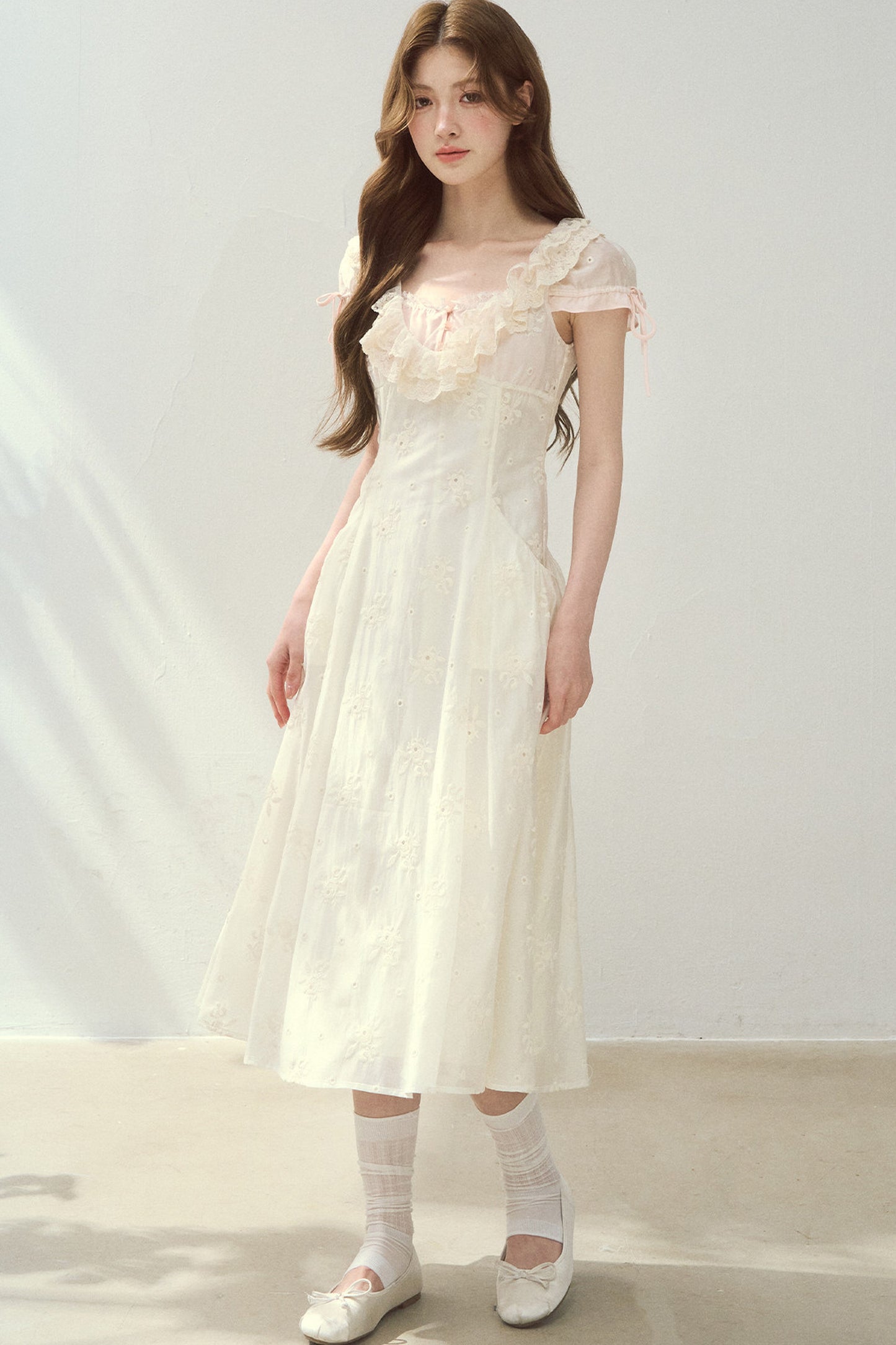 Rose Embroidered Square Neck Long Dress