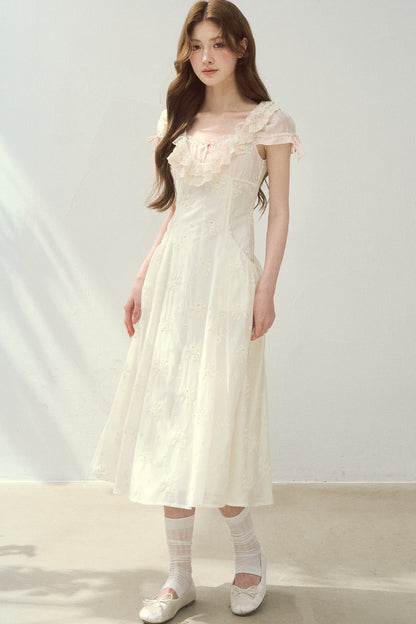 Rose Embroidered Square Neck Long Dress