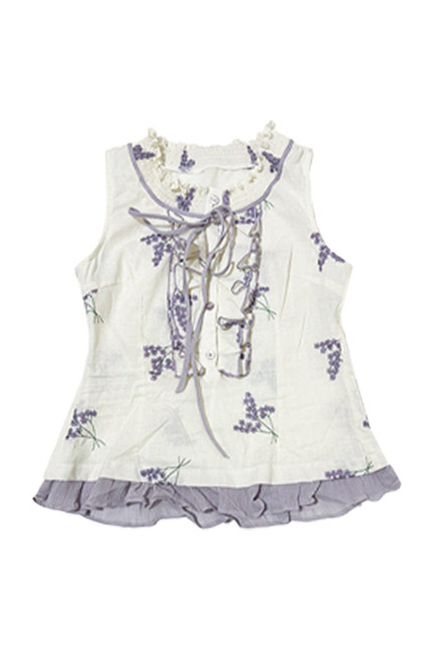 Purple Embroidered Pleated Ruffle Lace Sleeveless Top