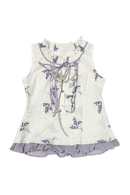 Purple Embroidered Pleated Ruffle Lace Sleeveless Top