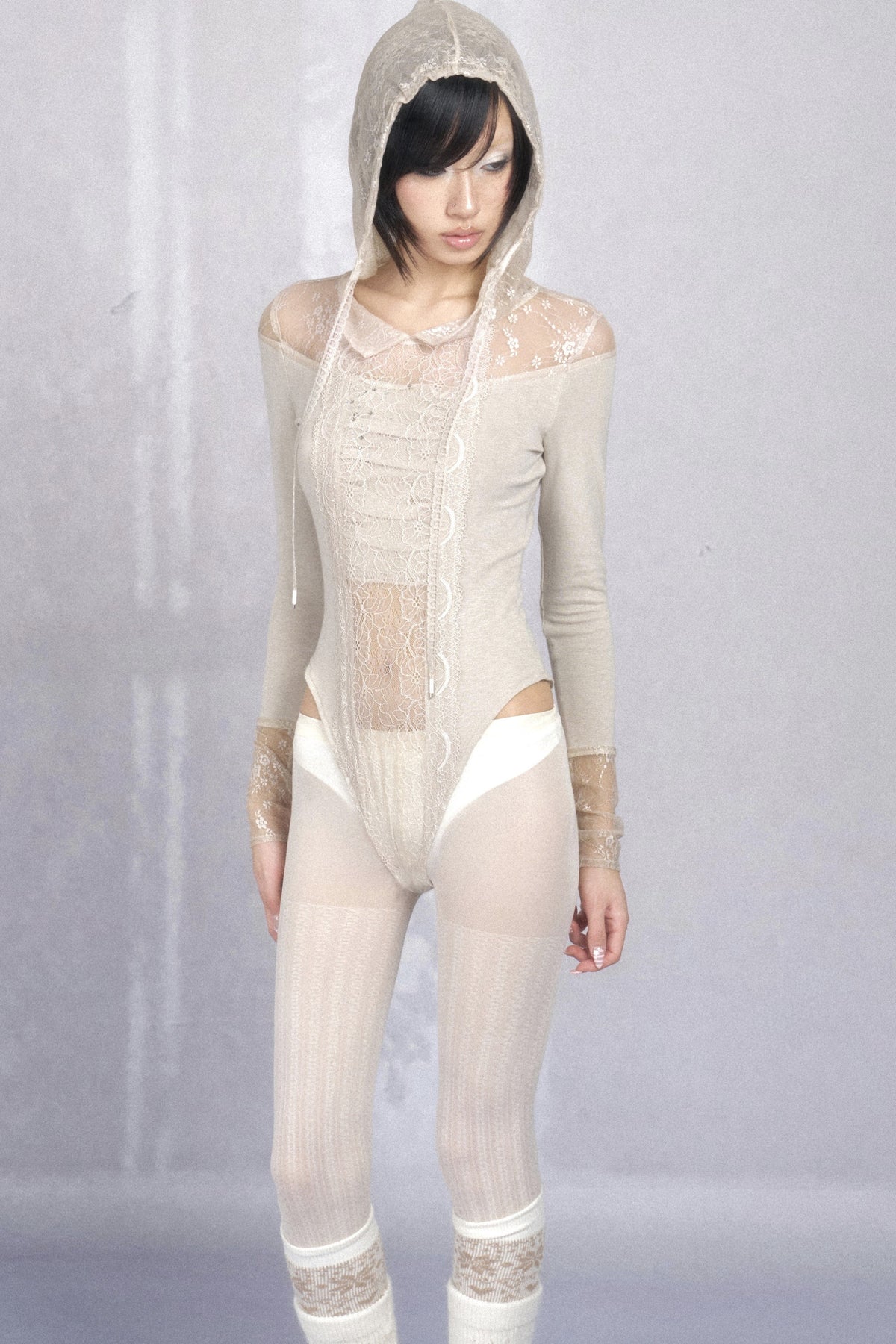 Hooded Lace Knit Patchwork Bodysuit