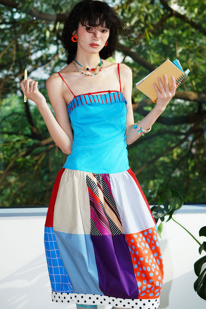 Patchwork Pleated Balloon Dress
