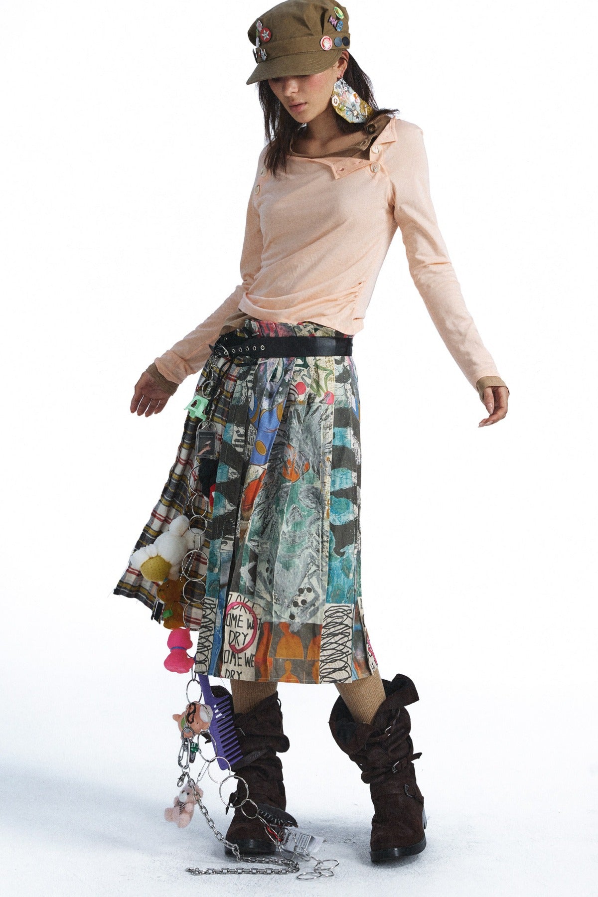 Plaid Graffiti Patchwork Pleated Skirt