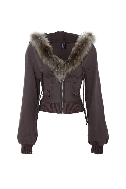 Detachable Fur Collar Studded Cotton Jacket