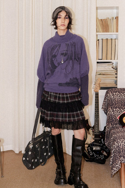 Gray Purple Nana Print Batwing Sweater