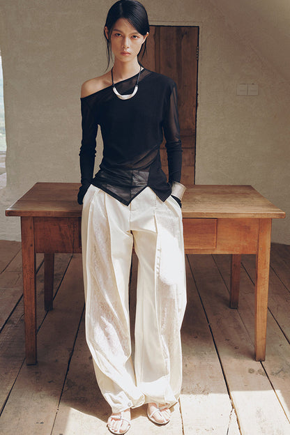 Asymmetrical Sheer Long Sleeve Blouse