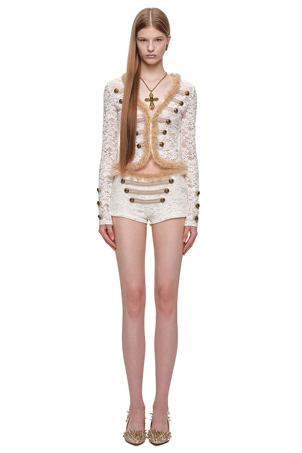 Flocked Lace Long-Sleeve Cardigan and Shorts Set-Up