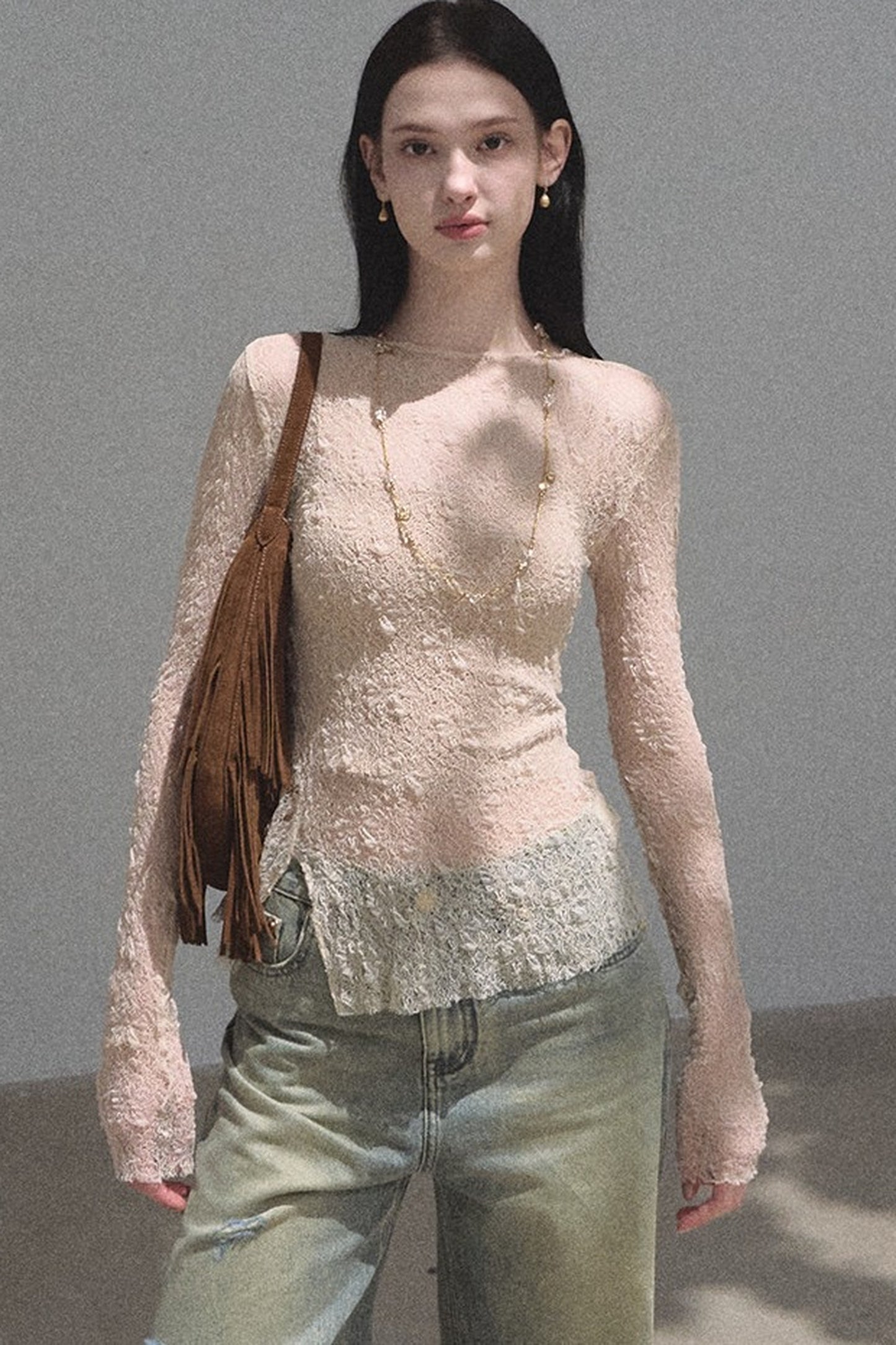 Silver Textured Knit Lace Top