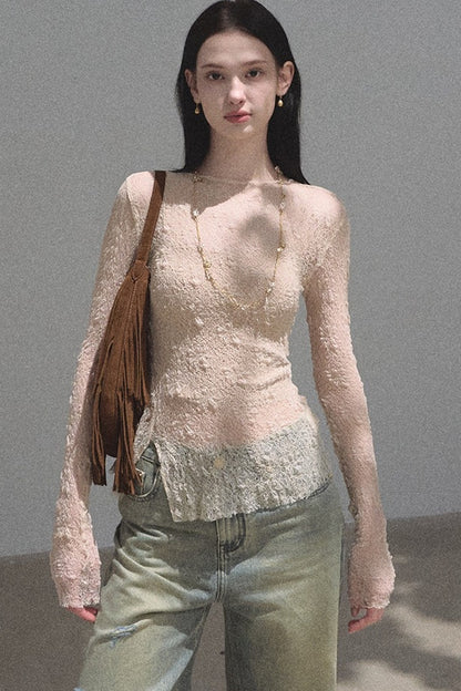 Silver Textured Knit Lace Top