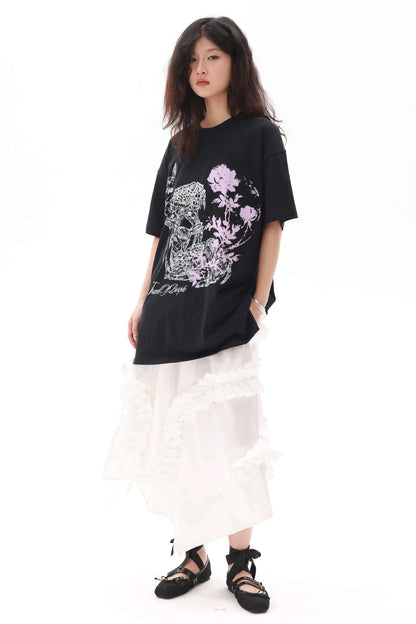 Lockeres T-Shirt mit lila Hirsch- und Blumenmuster