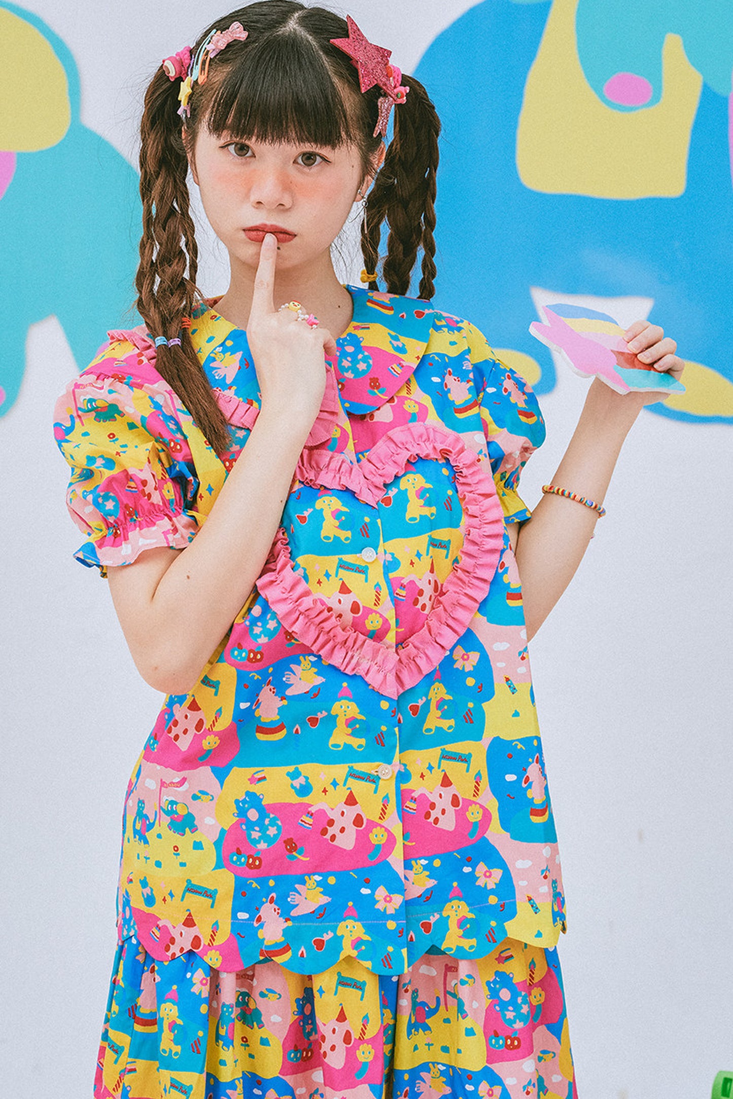 Kindergarten Paradise Print Puff Sleeve Shirt