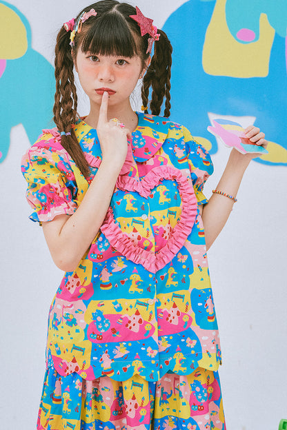 Kindergarten Paradise Print Puff Sleeve Shirt