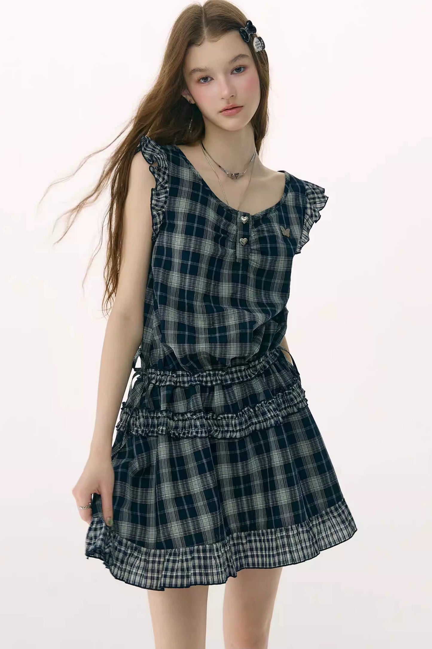 Dark Blue Plaid Flutter-Sleeve Dress
