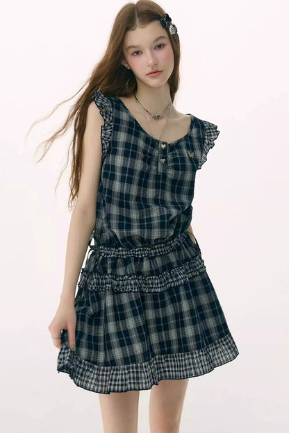 Dark Blue Plaid Flutter-Sleeve Dress
