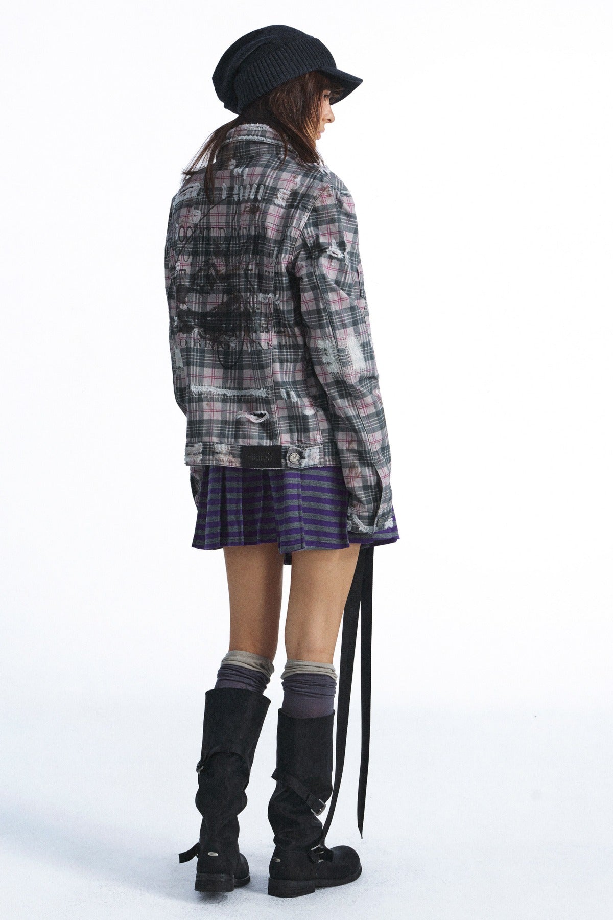 Plaid Graffiti Print Distressed Jacket