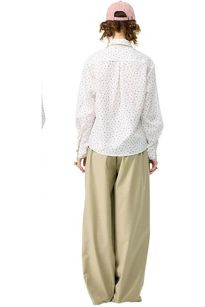 Lace-Up Doll Collar Floral Shirt