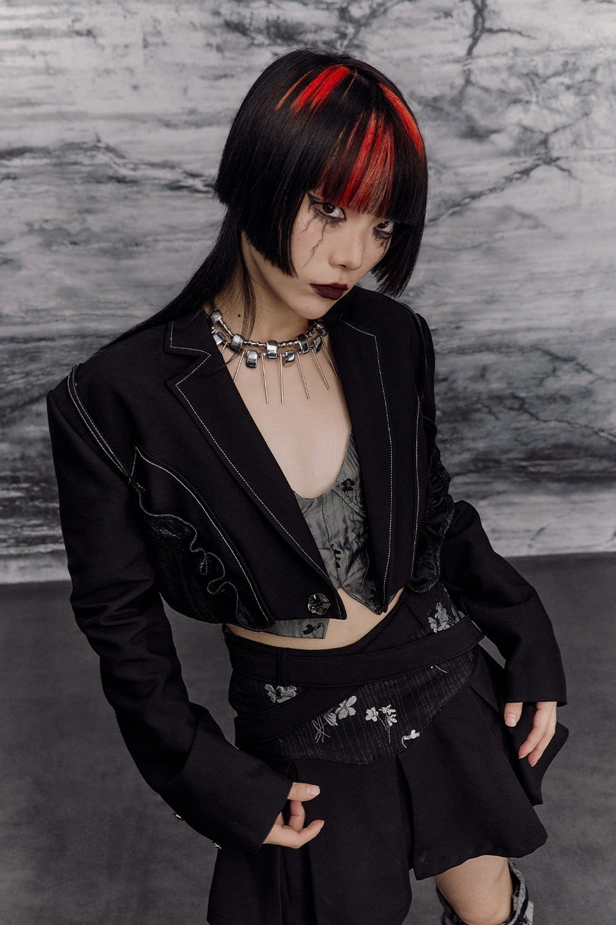 Dark Slimming Patchwork Lapel Jacket Set