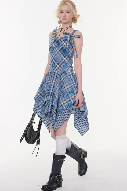 Irregular Blue Plaid Camisole Dress