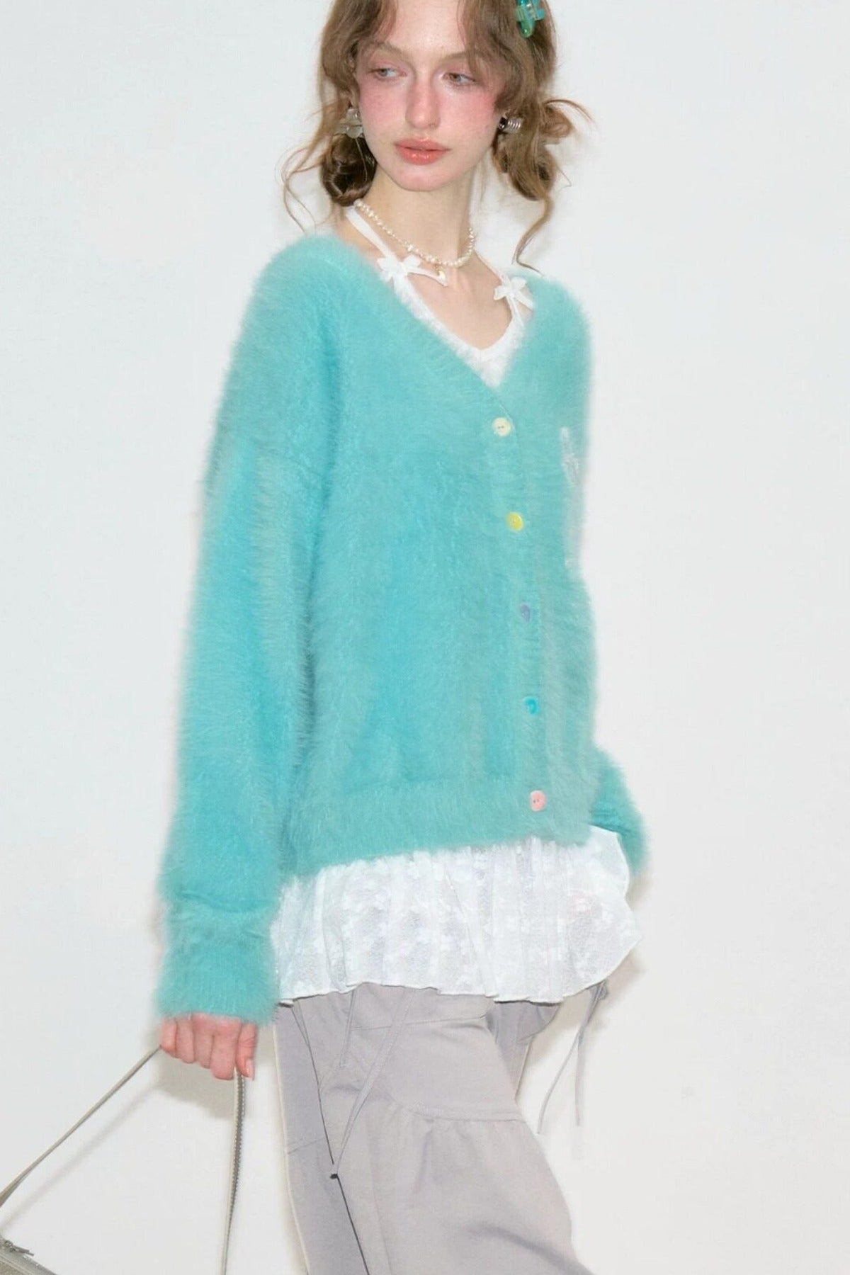 Fuzzy Bowknot Knit Cardigan