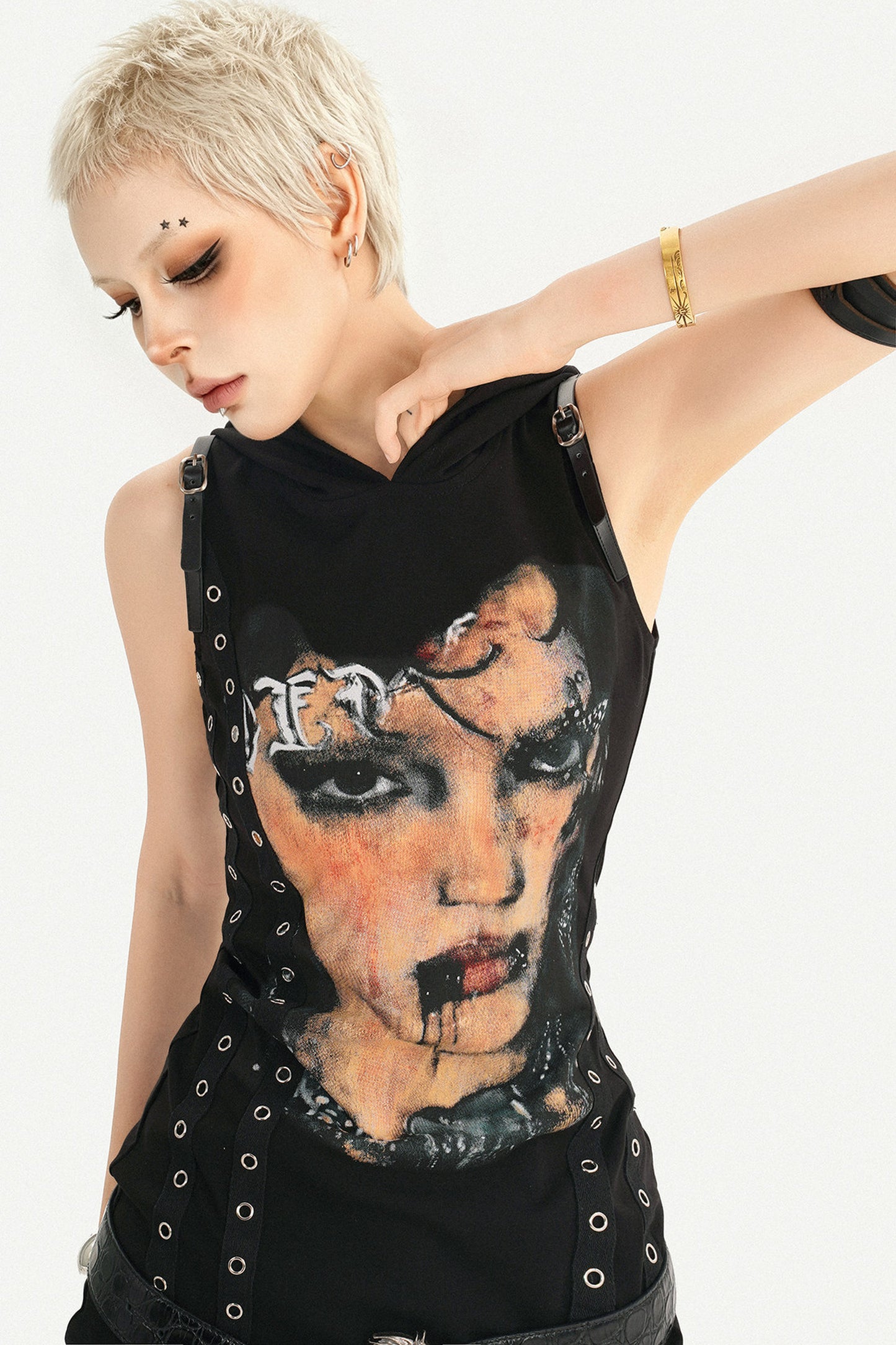 Punk Rivet Printed Hooded Dress