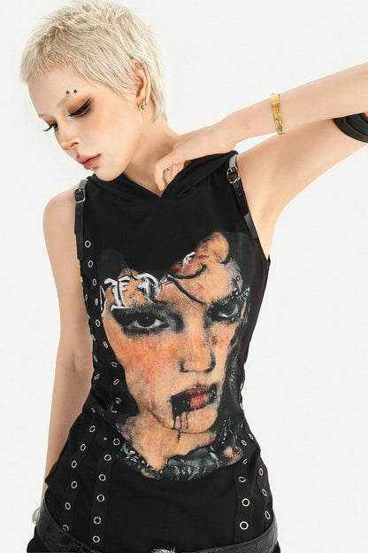 Punk Rivet Printed Hooded Dress