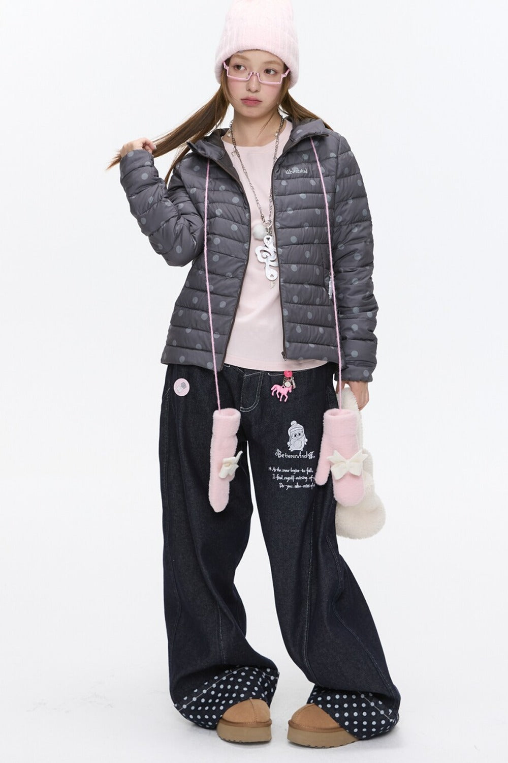 Hooded Ribbed Polka Dot Down Jacket