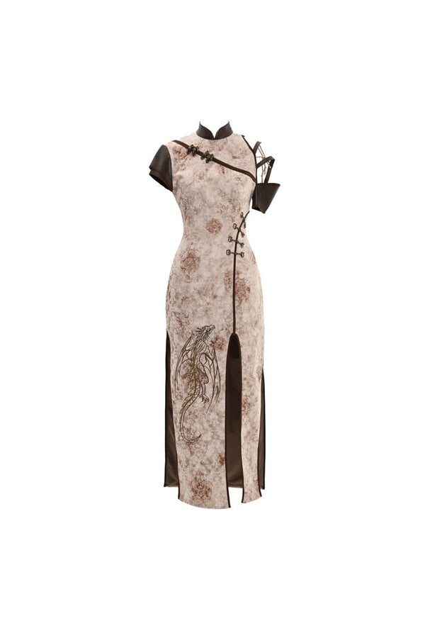 Modified Lace-Up Dragon Print Slit Cheongsam Dress