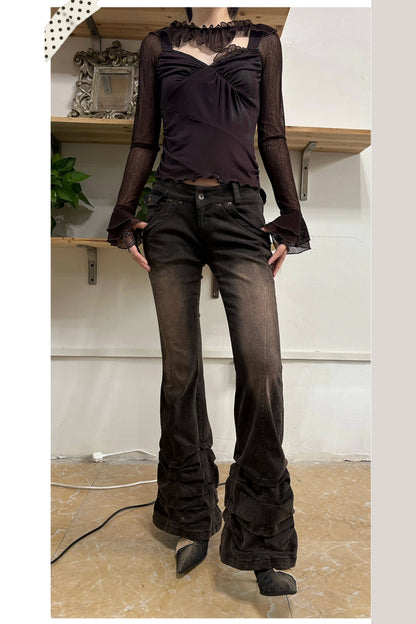 Washed Distressed Stacked Hem Jeans