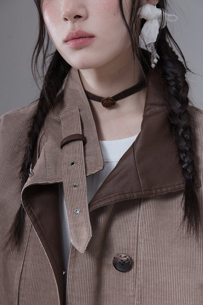 Corduroy Leather Stand-Up Collar Trench Coat