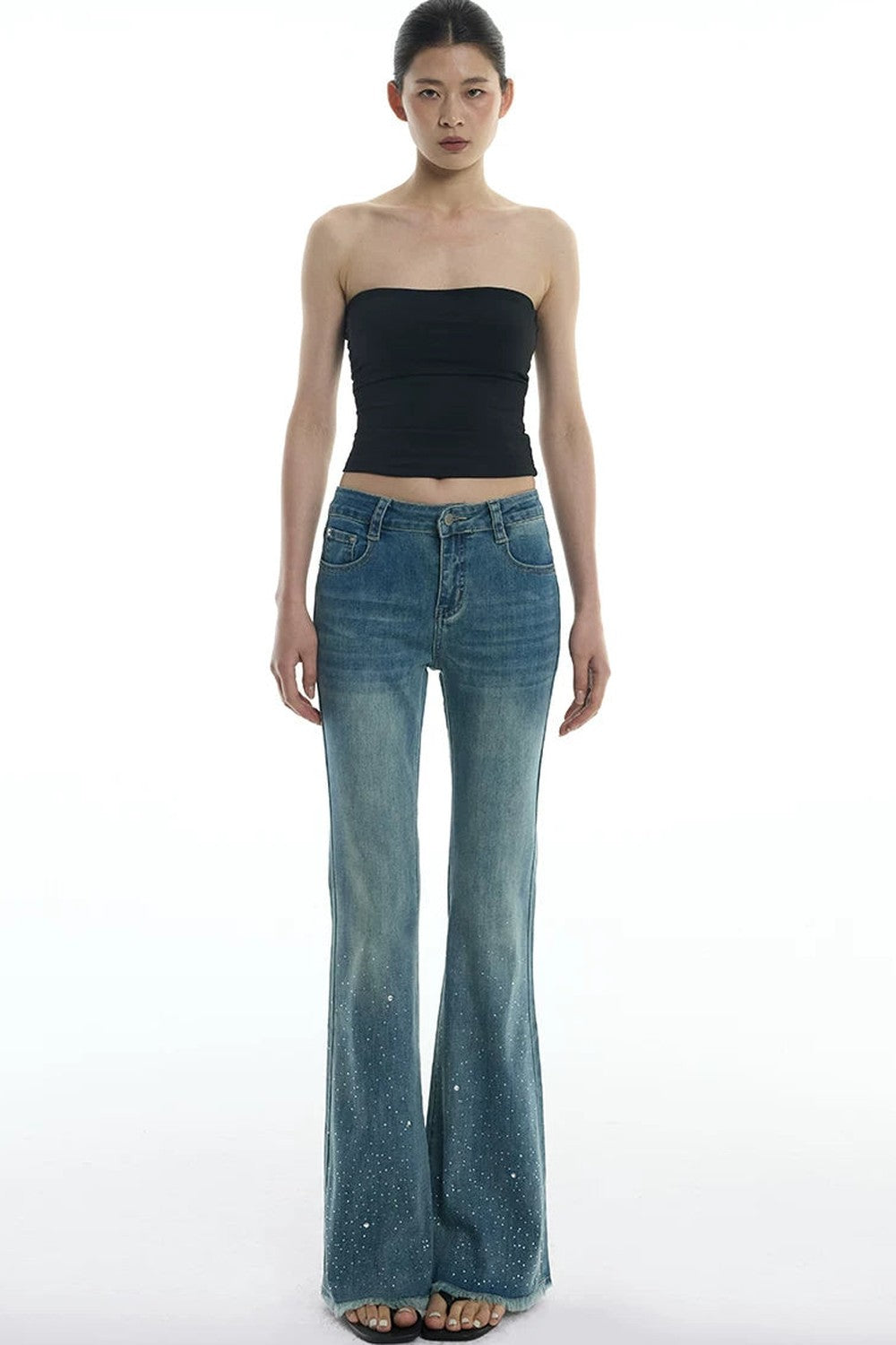 Schlag-Jeanshose mit Strass