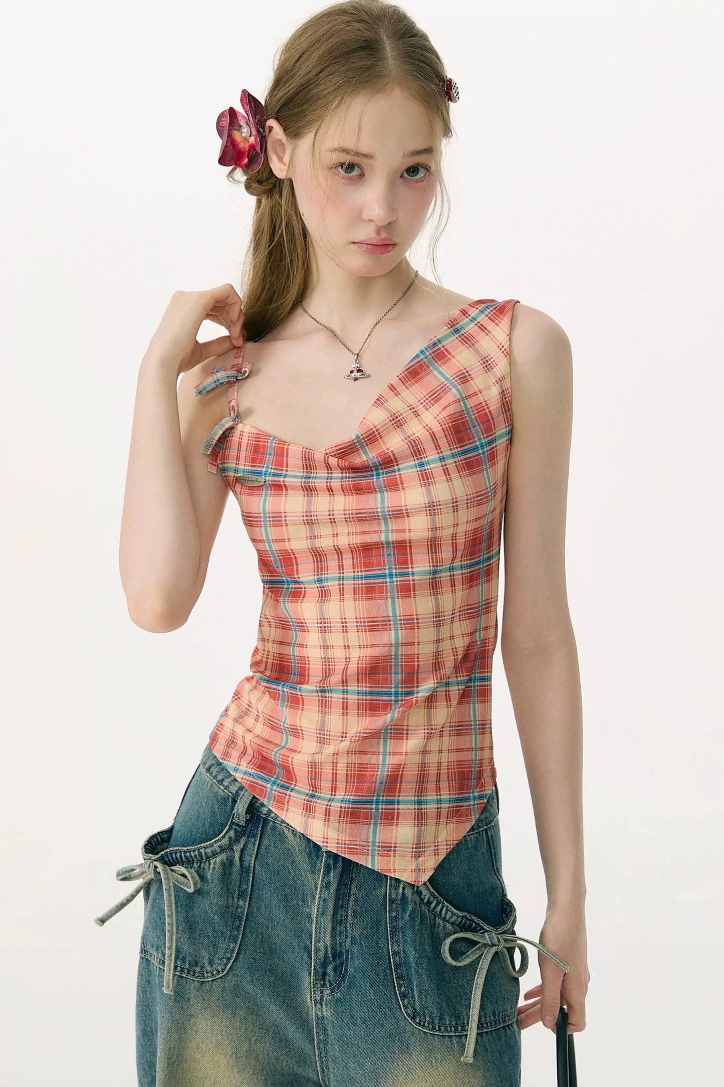 Sweetness Red Plaid Bowknot Tank Top